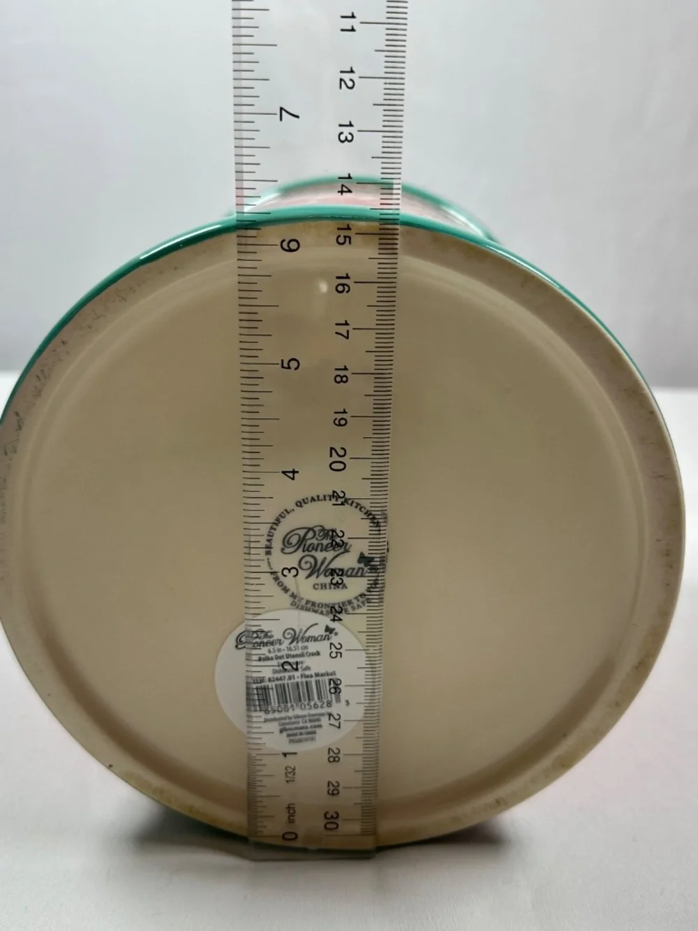 Pioneer Woman Flea Market Red Polka Dot Utensil Crock Teal Trim Bottom Sticker